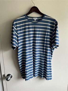 Sunspel Blue and White Striped Short Sleeve Crew Tee US XL